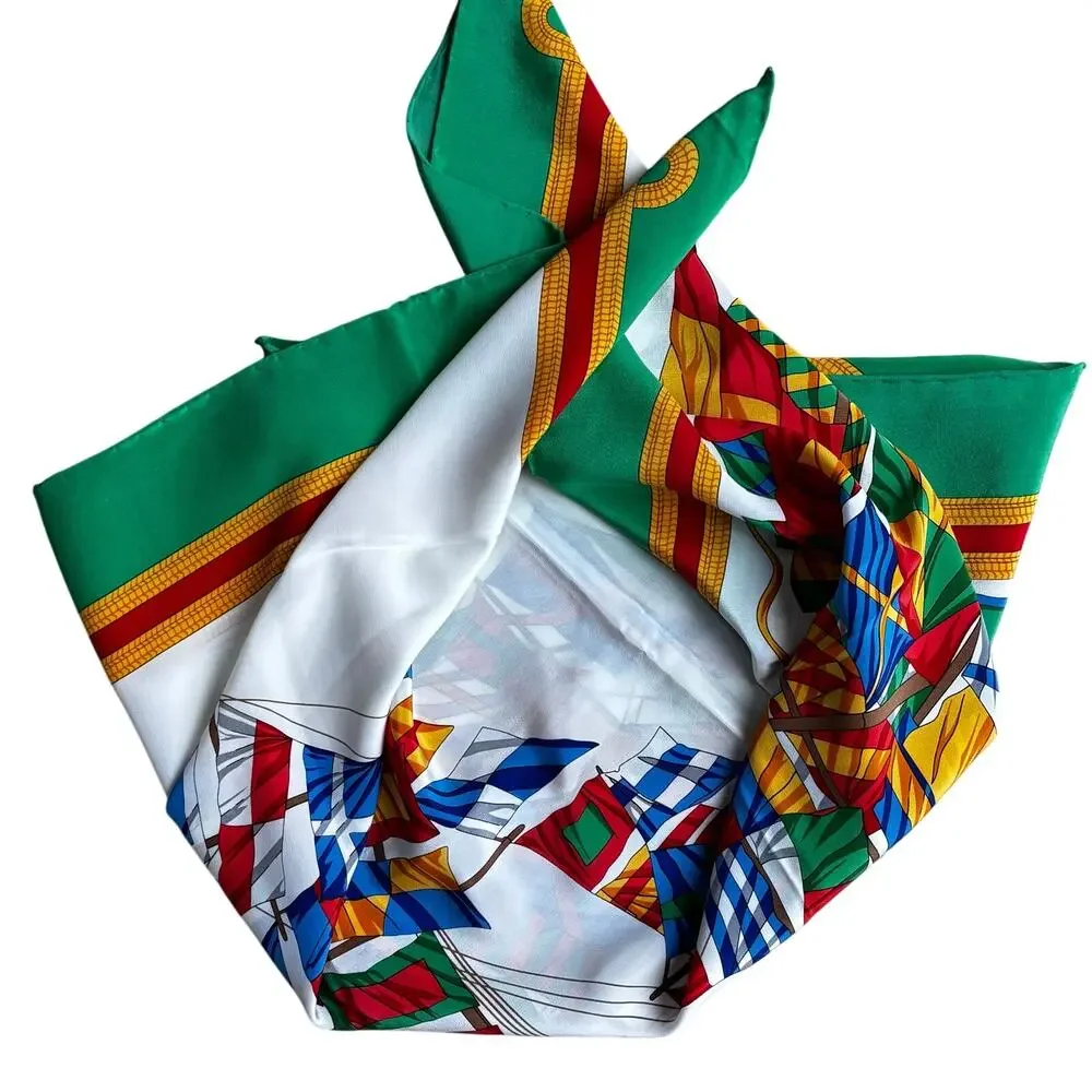 Vintage silky scarf multicolor green white sailing ship flagship motif colorful
